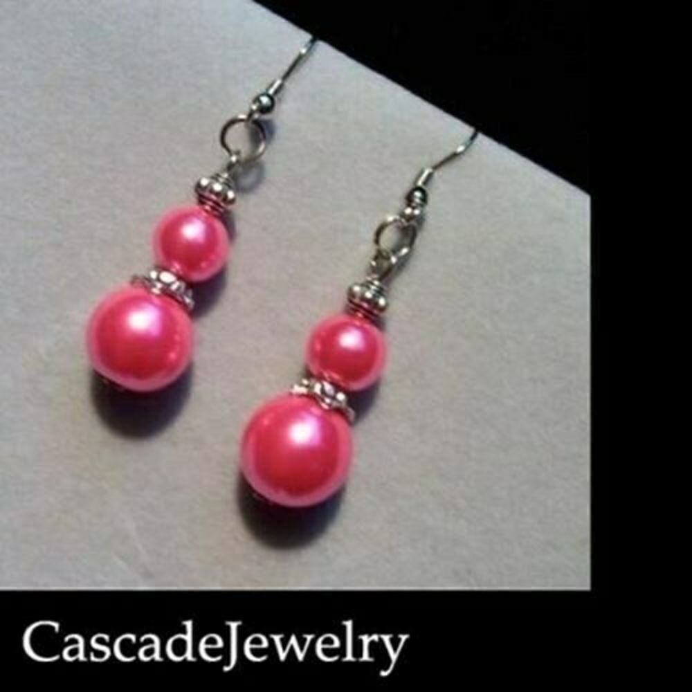 Hand Crafted Long Glass Pearl Earrings Antiqued Silver Beads Hot Pink